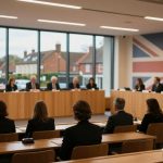 A panel of people in formal attire sits at a long wooden table in a conference room with large windows showing a view of buildings. A British flag is on the wall, and attendees sit facing the panel. A clear lectern with a microphone is in the foreground.