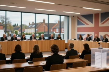 A panel of people in formal attire sits at a long wooden table in a conference room with large windows showing a view of buildings. A British flag is on the wall, and attendees sit facing the panel. A clear lectern with a microphone is in the foreground.