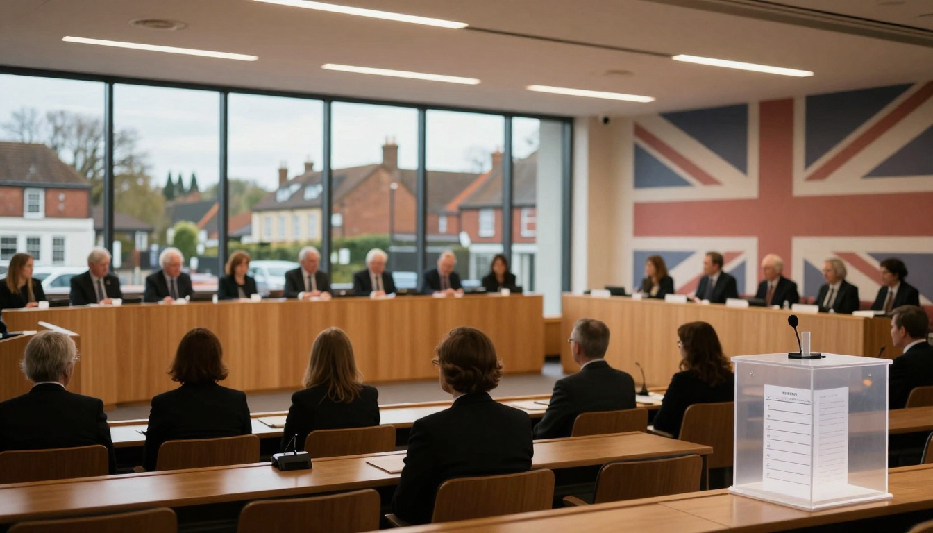 A panel of people in formal attire sits at a long wooden table in a conference room with large windows showing a view of buildings. A British flag is on the wall, and attendees sit facing the panel. A clear lectern with a microphone is in the foreground.