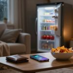 A cozy living room with a laptop showing a video, a bowl of nachos, and a smartphone on a wooden table. An open fridge and a sofa with a blanket are in the background. Rain is visible outside the window.
