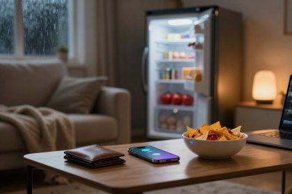 A cozy living room with a laptop showing a video, a bowl of nachos, and a smartphone on a wooden table. An open fridge and a sofa with a blanket are in the background. Rain is visible outside the window.