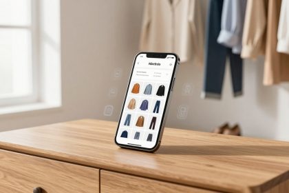 A smartphone displaying a clothing app is propped up on a wooden dresser. The screen shows various clothing images. In the background, blurred hanging clothes and a window are visible.