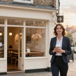 A woman in a business suit holds a coffee cup while walking on a street with a row of buildings. A café with a handshake logo is behind her, and the sun is setting in the background.
