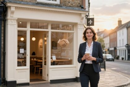 A woman in a business suit holds a coffee cup while walking on a street with a row of buildings. A café with a handshake logo is behind her, and the sun is setting in the background.