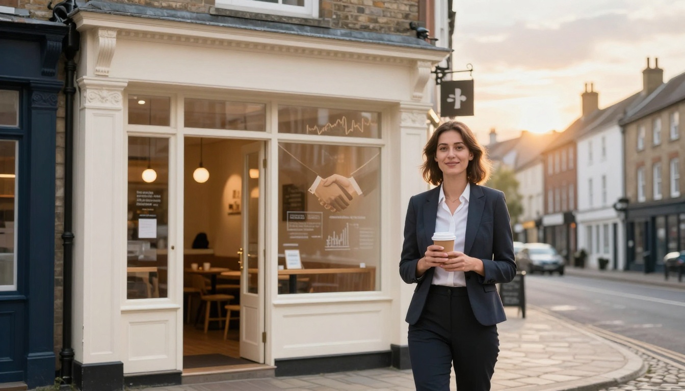 A woman in a business suit holds a coffee cup while walking on a street with a row of buildings. A café with a handshake logo is behind her, and the sun is setting in the background.