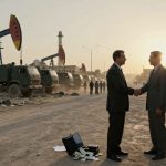 Three men stand on a dusty road at sunset, shaking hands. Two wear suits, and one is in a military uniform. Nearby, a briefcase with money is open on the ground. In the background, several green military trucks and oil pump jacks are visible.