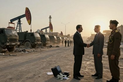 Three men stand on a dusty road at sunset, shaking hands. Two wear suits, and one is in a military uniform. Nearby, a briefcase with money is open on the ground. In the background, several green military trucks and oil pump jacks are visible.