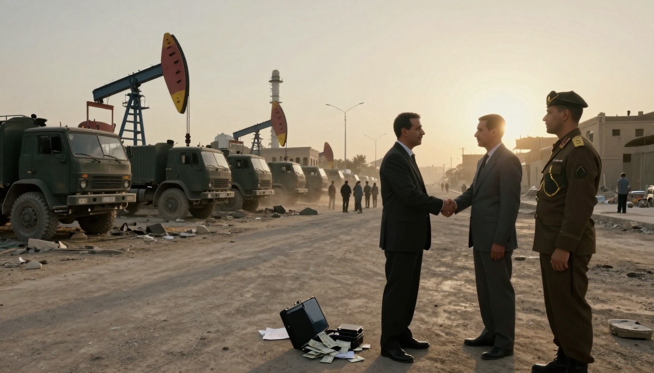 Three men stand on a dusty road at sunset, shaking hands. Two wear suits, and one is in a military uniform. Nearby, a briefcase with money is open on the ground. In the background, several green military trucks and oil pump jacks are visible.
