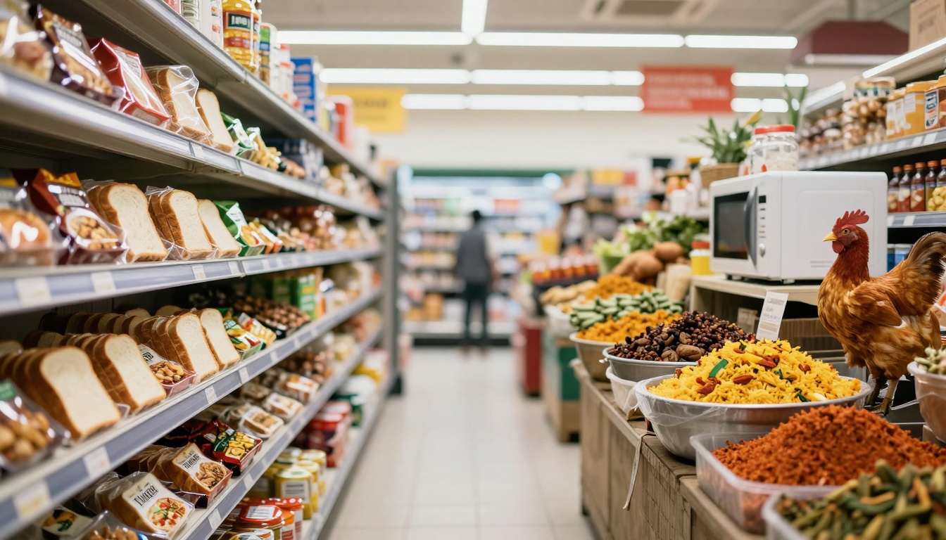 A grocery store aisle with shelves stocked with sliced bread and packaged snacks on the left. On the right, there's a display of colorful spices and grains in bowls, a microwave, jars, and a decorative rooster figurine. A blurred figure stands in the background.
