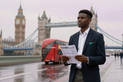 A man in a dark suit holds a newspaper on a wet London street. A red double-decker bus passes by, with Big Ben and Tower Bridge in the background.