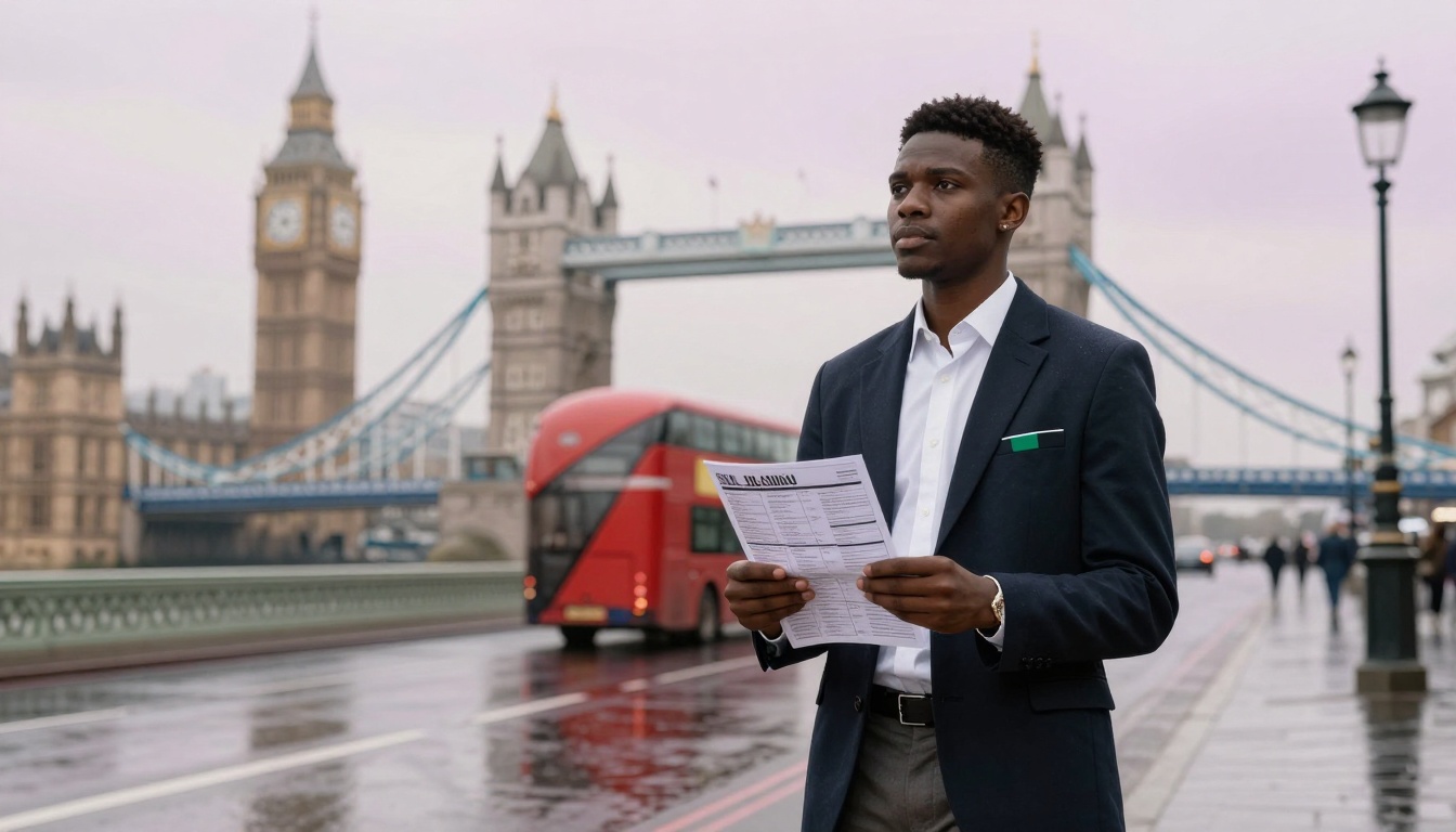 A man in a dark suit holds a newspaper on a wet London street. A red double-decker bus passes by, with Big Ben and Tower Bridge in the background.