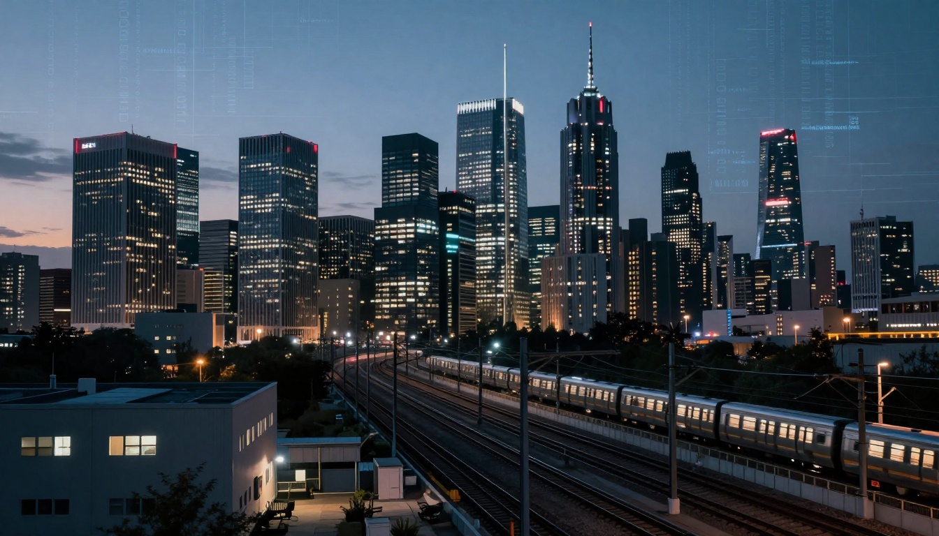 A cityscape at dusk featuring illuminated skyscrapers with various architectural designs. A train moves along the railway tracks in the foreground, and a few buildings have lit windows, adding to the urban ambiance. The sky is a deepening blue as evening approaches.