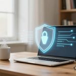 A laptop displaying a digital shield with a lock icon on the screen sits on a wooden table. A steaming mug and a book are nearby, with a window and shelf in the background.