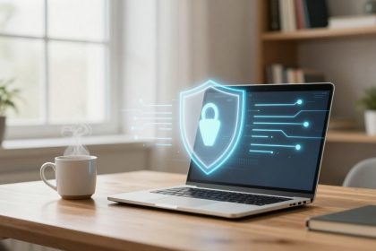 A laptop displaying a digital shield with a lock icon on the screen sits on a wooden table. A steaming mug and a book are nearby, with a window and shelf in the background.