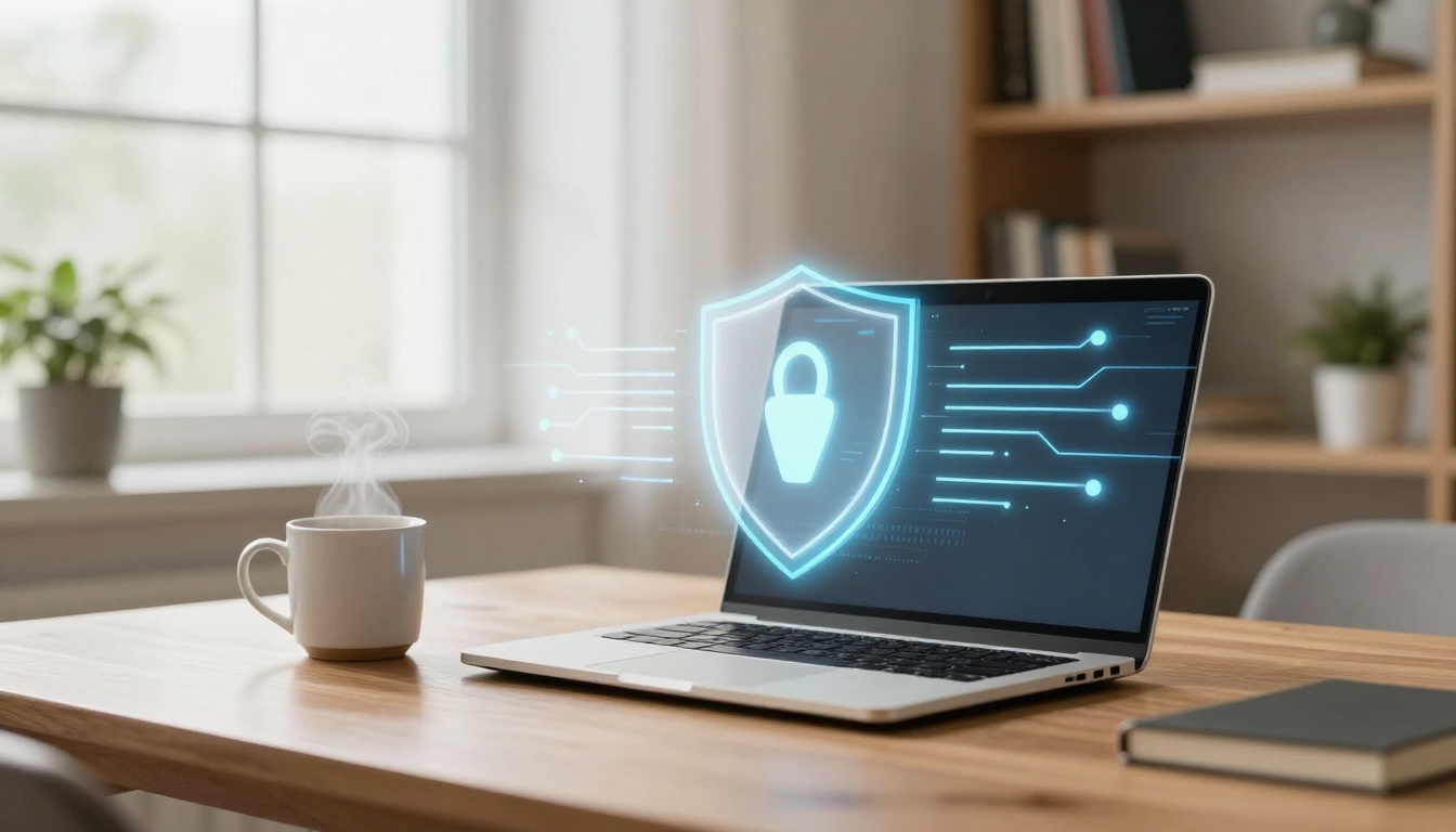 A laptop displaying a digital shield with a lock icon on the screen sits on a wooden table. A steaming mug and a book are nearby, with a window and shelf in the background.