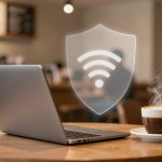 A laptop on a wooden table in a cafe with a steaming cup of coffee. A translucent shield icon with a Wi-Fi symbol is overlaid.