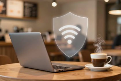 A laptop on a wooden table in a cafe with a steaming cup of coffee. A translucent shield icon with a Wi-Fi symbol is overlaid.