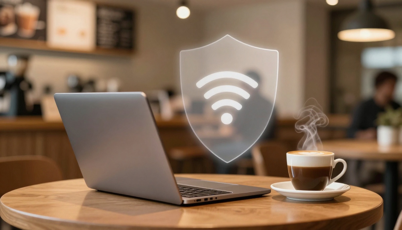 A laptop on a wooden table in a cafe with a steaming cup of coffee. A translucent shield icon with a Wi-Fi symbol is overlaid.