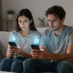 A man and a woman sit on a couch, focused on their smartphones. Holographic padlock icons hover above their devices, suggesting security or privacy themes. The room is softly lit, with a candle in the background.