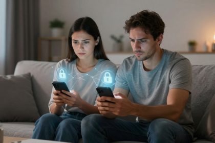 A man and a woman sit on a couch, focused on their smartphones. Holographic padlock icons hover above their devices, suggesting security or privacy themes. The room is softly lit, with a candle in the background.