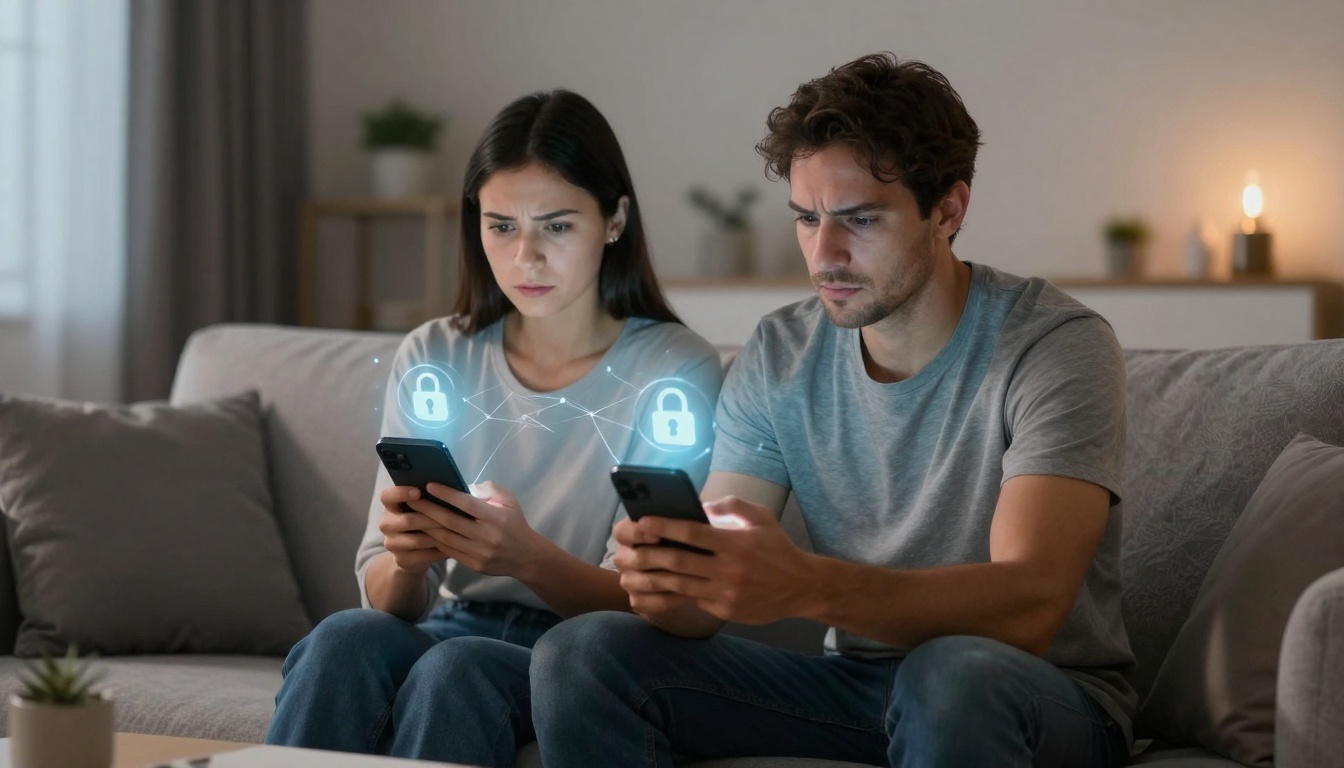 A man and a woman sit on a couch, focused on their smartphones. Holographic padlock icons hover above their devices, suggesting security or privacy themes. The room is softly lit, with a candle in the background.