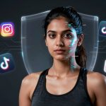 A woman in a dark tank top stands against a digital background with social media icons for Instagram, TikTok, YouTube, and Twitch. A facial recognition pattern overlays her face.