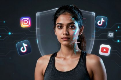 A woman in a dark tank top stands against a digital background with social media icons for Instagram, TikTok, YouTube, and Twitch. A facial recognition pattern overlays her face.