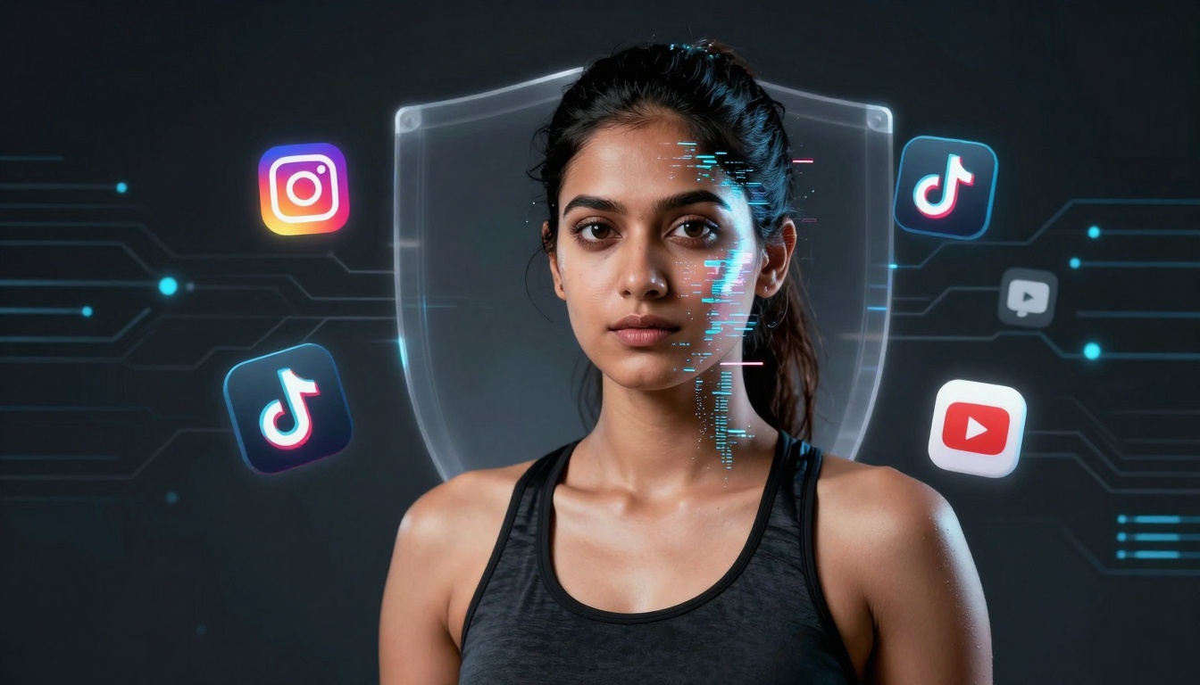 A woman in a dark tank top stands against a digital background with social media icons for Instagram, TikTok, YouTube, and Twitch. A facial recognition pattern overlays her face.