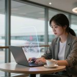 A woman in a gray blazer is working on a laptop at an airport lounge. A holographic interface displays data above the laptop. A cup of coffee is on the table. A large window shows a parked airplane outside.