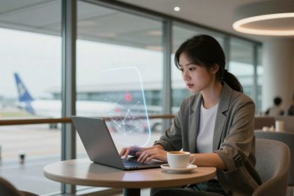A woman in a gray blazer is working on a laptop at an airport lounge. A holographic interface displays data above the laptop. A cup of coffee is on the table. A large window shows a parked airplane outside.
