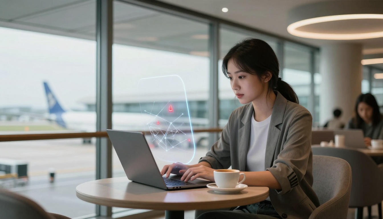 A woman in a gray blazer is working on a laptop at an airport lounge. A holographic interface displays data above the laptop. A cup of coffee is on the table. A large window shows a parked airplane outside.