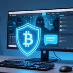 A computer monitor displays a dark-themed interface with hooded figures and digital symbols. A glowing Bitcoin shield and chat bubble are overlayed. A keyboard, headphones, and a mug are on the desk. Blue lighting creates a tech-focused atmosphere.