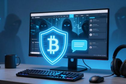 A computer monitor displays a dark-themed interface with hooded figures and digital symbols. A glowing Bitcoin shield and chat bubble are overlayed. A keyboard, headphones, and a mug are on the desk. Blue lighting creates a tech-focused atmosphere.