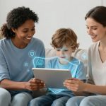 Two women and a child sit on a couch using a tablet. The child is focused on the screen, surrounded by holographic icons. The setting is a cozy living room.