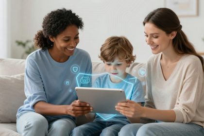 Two women and a child sit on a couch using a tablet. The child is focused on the screen, surrounded by holographic icons. The setting is a cozy living room.