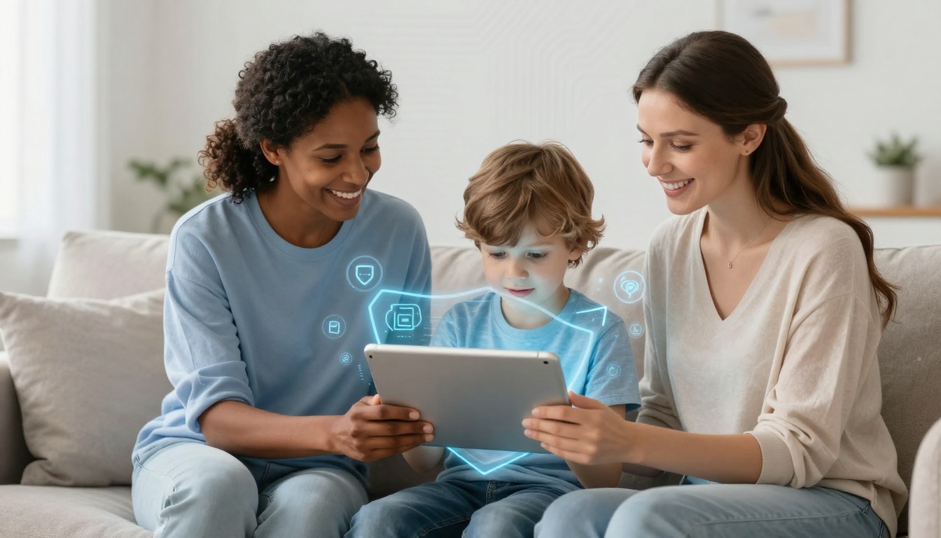 Two women and a child sit on a couch using a tablet. The child is focused on the screen, surrounded by holographic icons. The setting is a cozy living room.