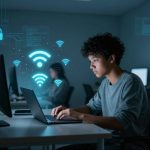 A person is using a laptop in a dimly lit room, with glowing Wi-Fi symbols and padlocks floating around, indicating cybersecurity. Two others are working on computers in the background.