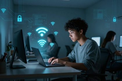 A person is using a laptop in a dimly lit room, with glowing Wi-Fi symbols and padlocks floating around, indicating cybersecurity. Two others are working on computers in the background.