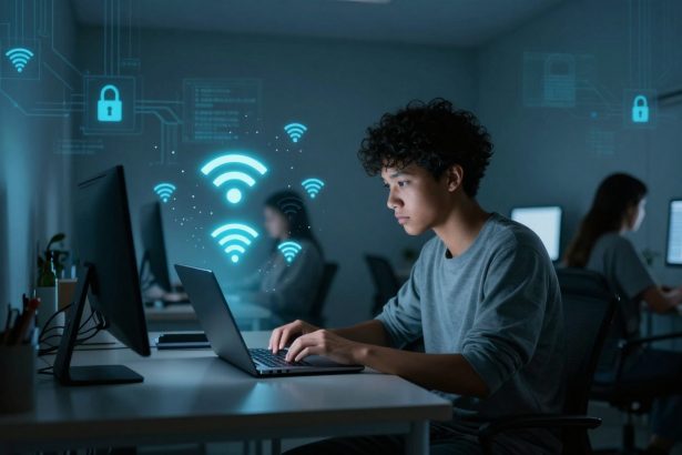 A person is using a laptop in a dimly lit room, with glowing Wi-Fi symbols and padlocks floating around, indicating cybersecurity. Two others are working on computers in the background.