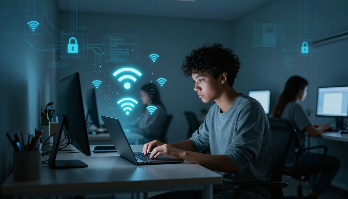 A person is using a laptop in a dimly lit room, with glowing Wi-Fi symbols and padlocks floating around, indicating cybersecurity. Two others are working on computers in the background.
