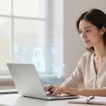 A woman in a light blouse types on a laptop at a desk. A British flag is in the background. Digital lock icons float near the screen, indicating cybersecurity.