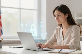 A woman in a light blouse types on a laptop at a desk. A British flag is in the background. Digital lock icons float near the screen, indicating cybersecurity.
