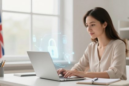 A woman in a light blouse types on a laptop at a desk. A British flag is in the background. Digital lock icons float near the screen, indicating cybersecurity.