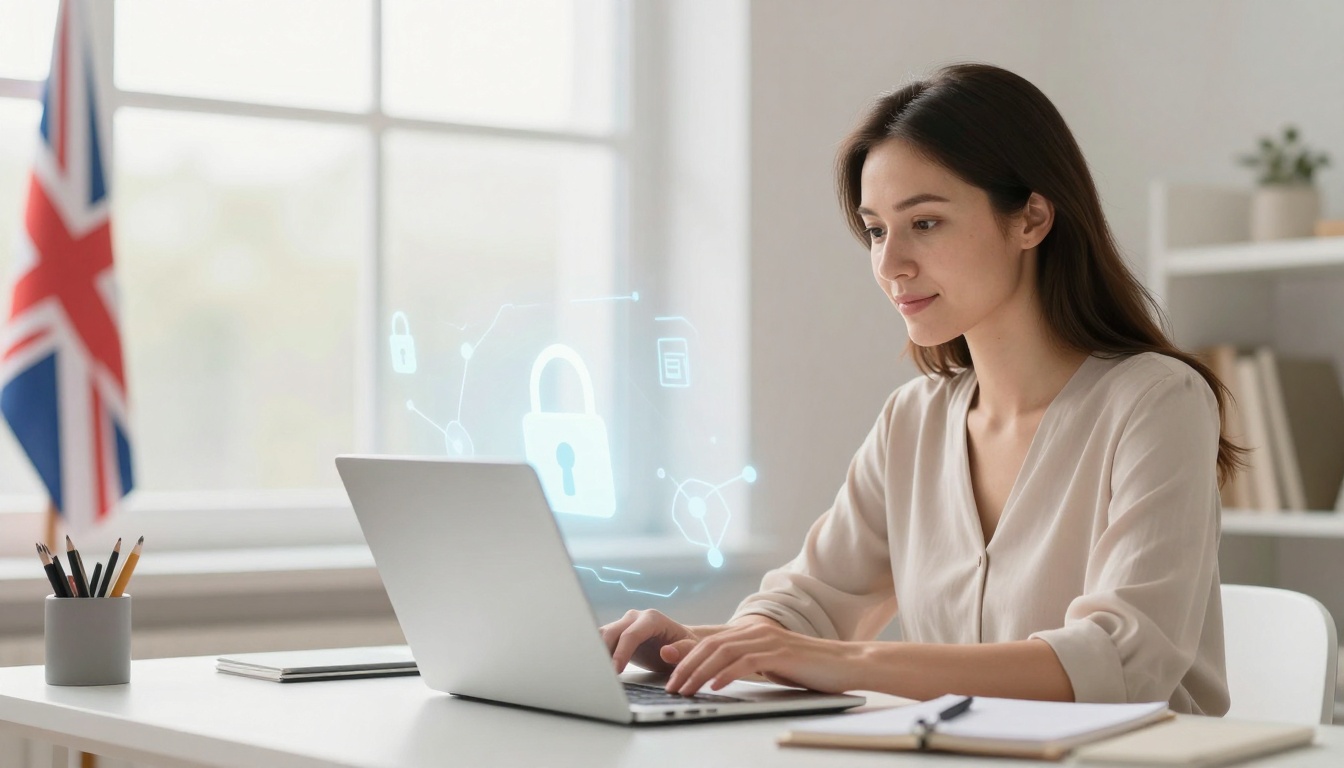 A woman in a light blouse types on a laptop at a desk. A British flag is in the background. Digital lock icons float near the screen, indicating cybersecurity.