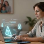 A woman is typing on a laptop, with holographic icons of a warning triangle and padlocks floating above the keyboard. A smartphone is on the table beside her, and a family photo and plant are in the background.