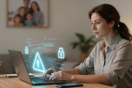 A woman is typing on a laptop, with holographic icons of a warning triangle and padlocks floating above the keyboard. A smartphone is on the table beside her, and a family photo and plant are in the background.