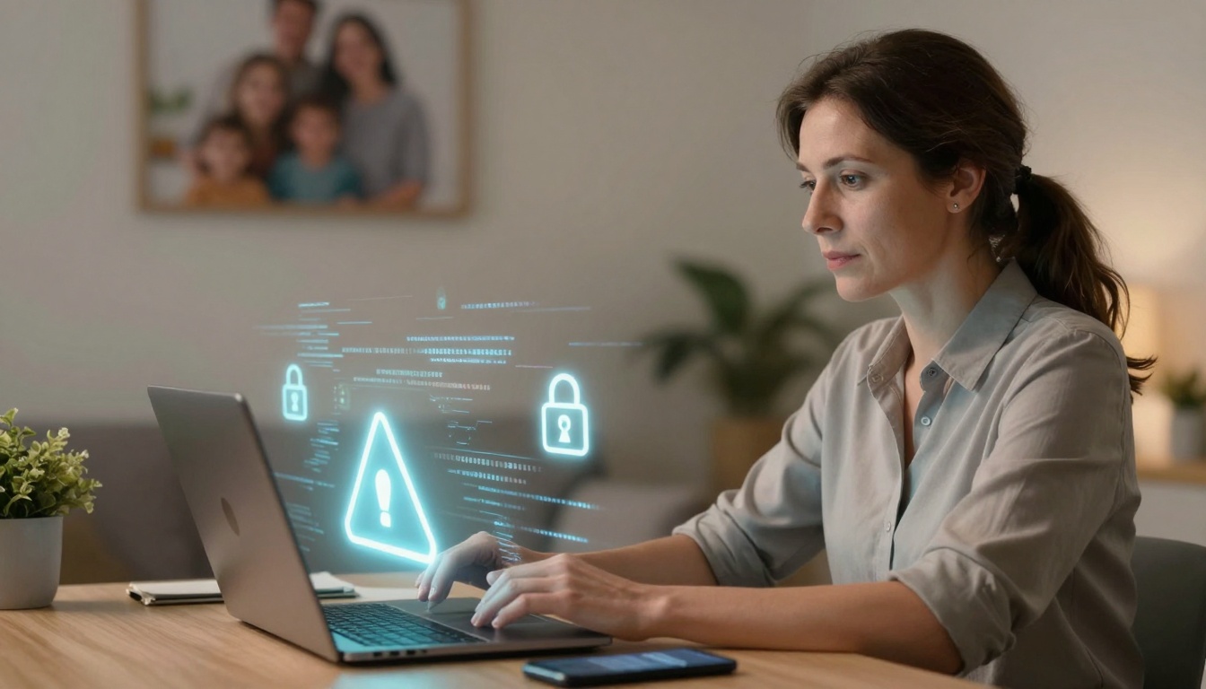 A woman is typing on a laptop, with holographic icons of a warning triangle and padlocks floating above the keyboard. A smartphone is on the table beside her, and a family photo and plant are in the background.