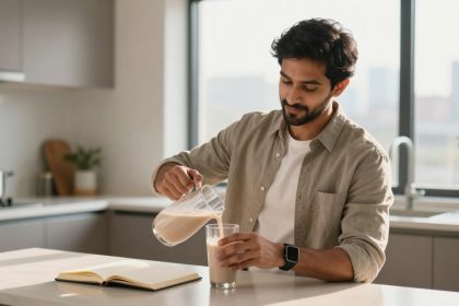 A man with a beard pours a light brown smoothie from a glass pitcher into a glass in a bright kitchen. He's wearing a beige shirt over a white t-shirt and a smartwatch. A book is open on the counter.
