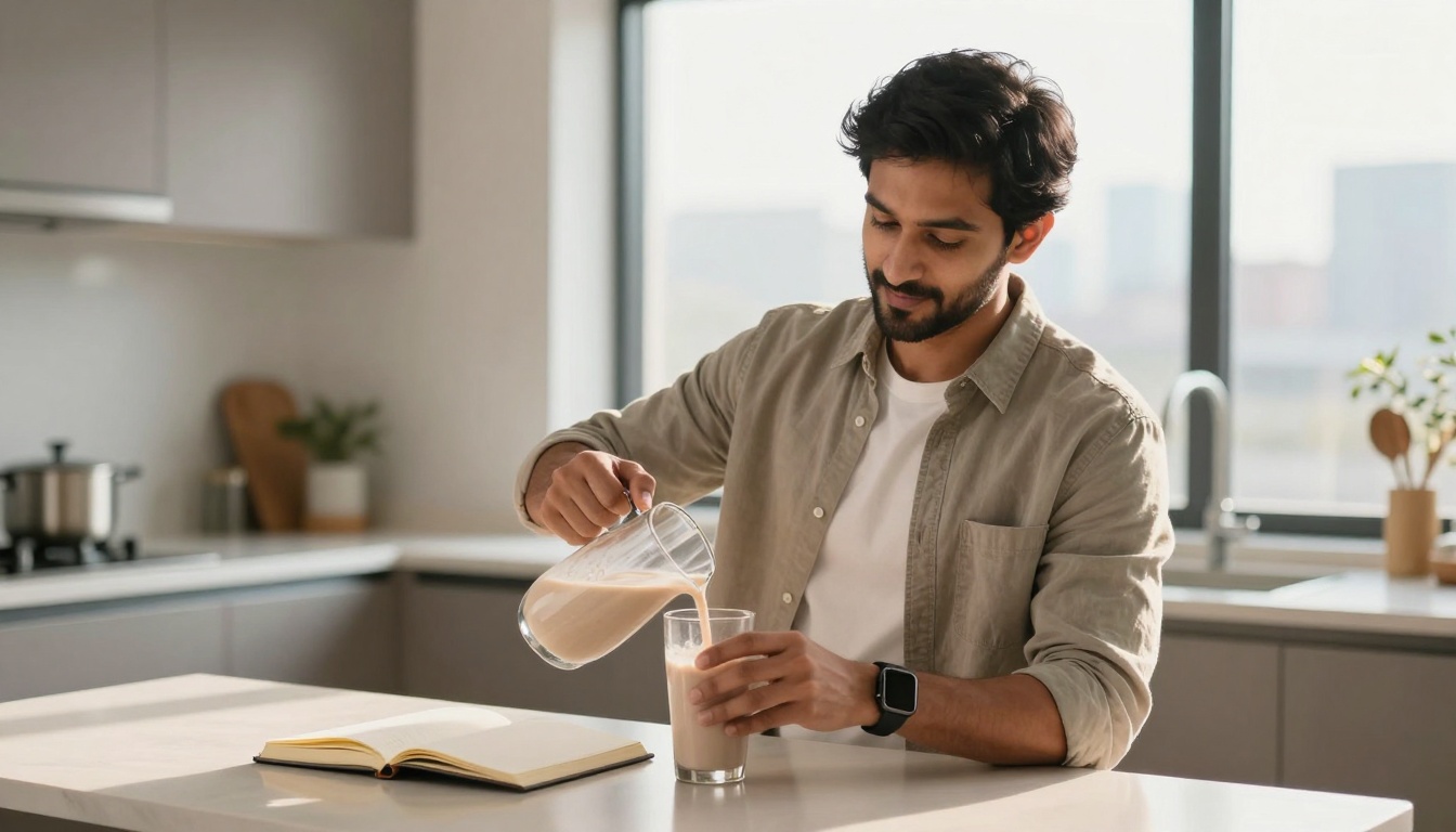 A man with a beard pours a light brown smoothie from a glass pitcher into a glass in a bright kitchen. He's wearing a beige shirt over a white t-shirt and a smartwatch. A book is open on the counter.