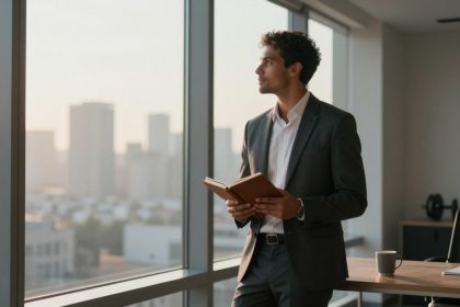 A man in a suit stands by a large window holding an open book, gazing outside. A desk with a mug and papers is nearby. City skyline visible.